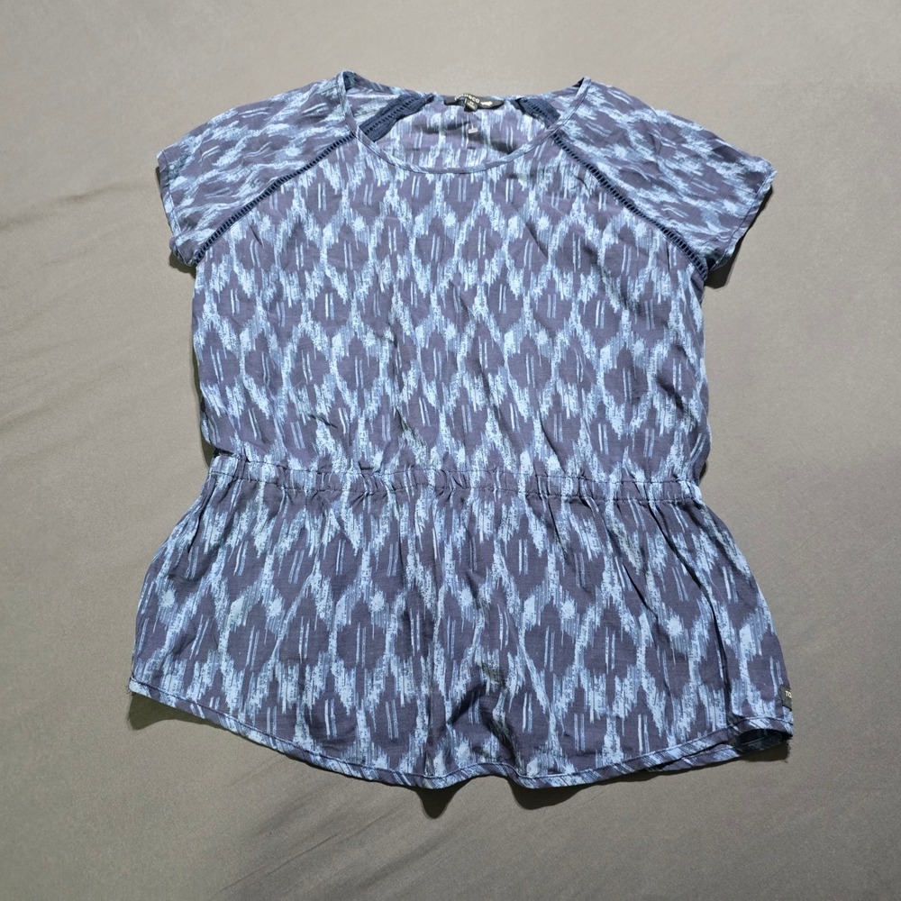 Toad&Co Ikat Peplum Top Womens Medium Blue Tencel Elastic Waist Ladder Stitch